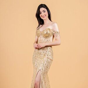 New Elegant Off Shoulder Tulle Dress w/ Beads Embroidery & Sheer Bodice GL3620